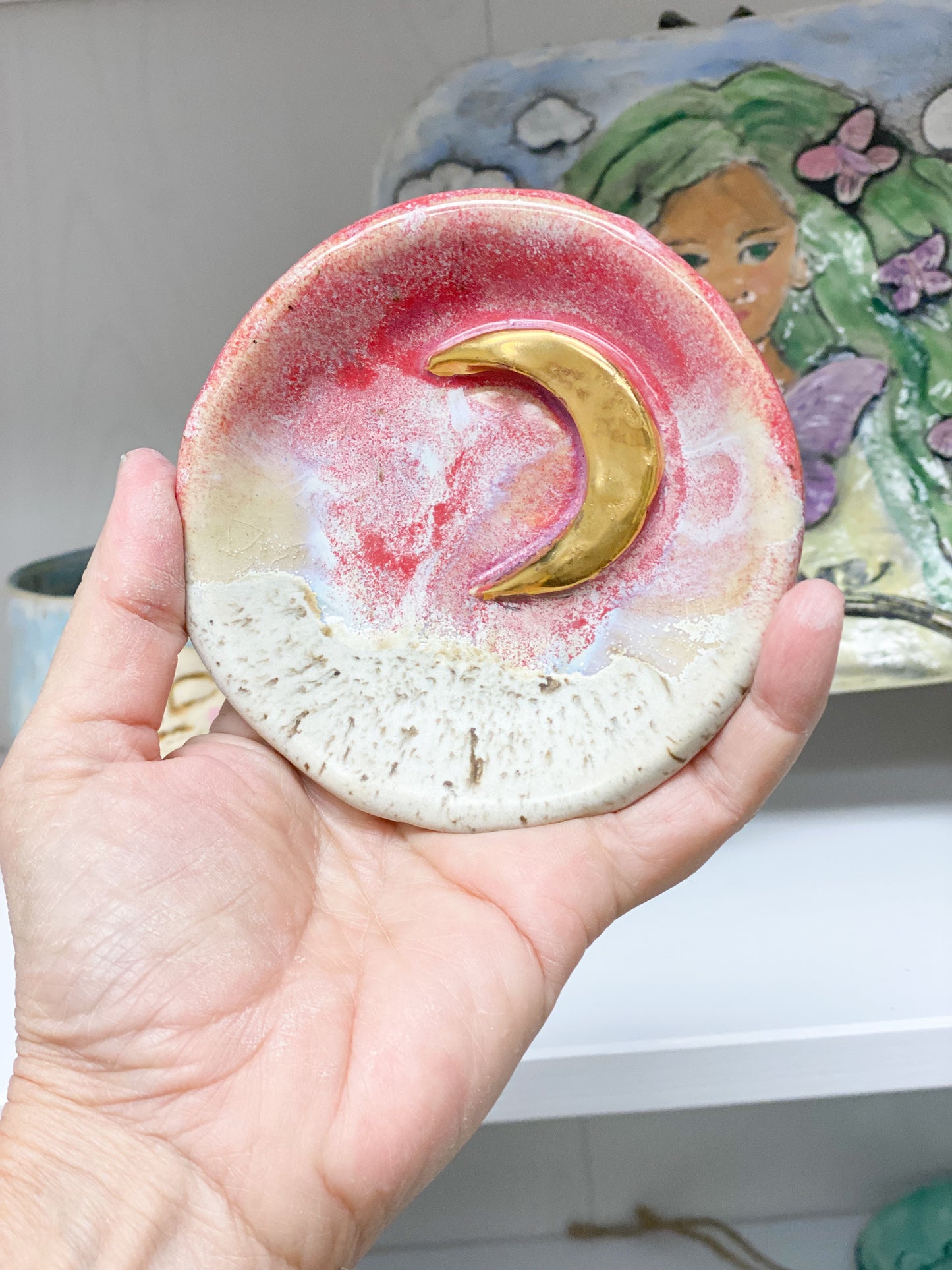 24k Gold Moon Trinket Dish | Crescent Moon Dish| Ceramic Jewelry Dish | Raspberry Glaze Active