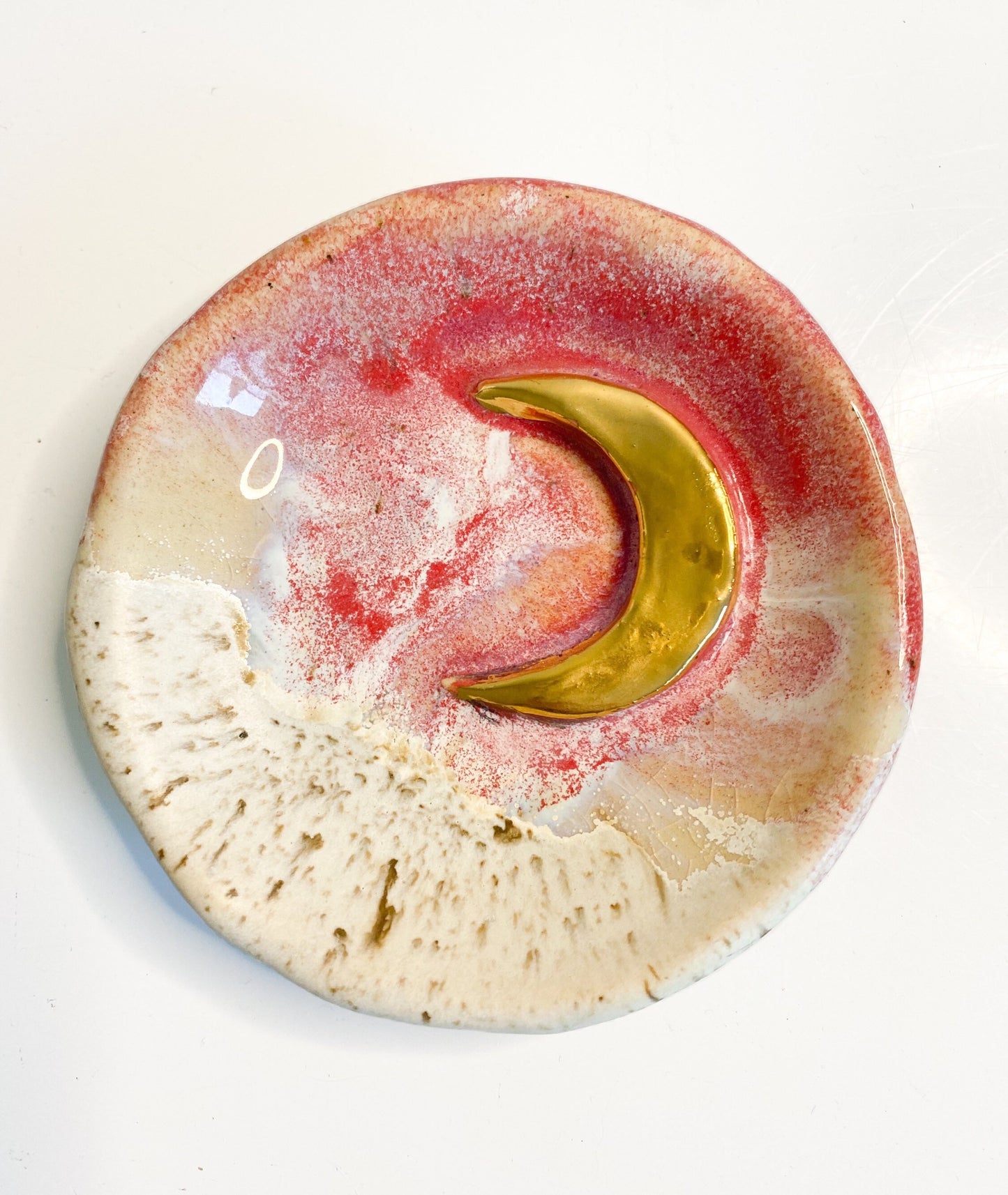 24k Gold Moon Trinket Dish | Crescent Moon Dish| Ceramic Jewelry Dish | Raspberry Glaze Active