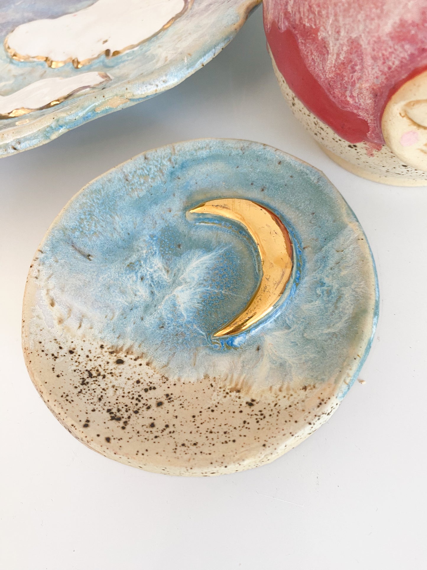 24k Gold Moon Trinket Dish | Crescent Moon Dish| Ceramic Jewelry Dish | Sky Blue Glaze Active