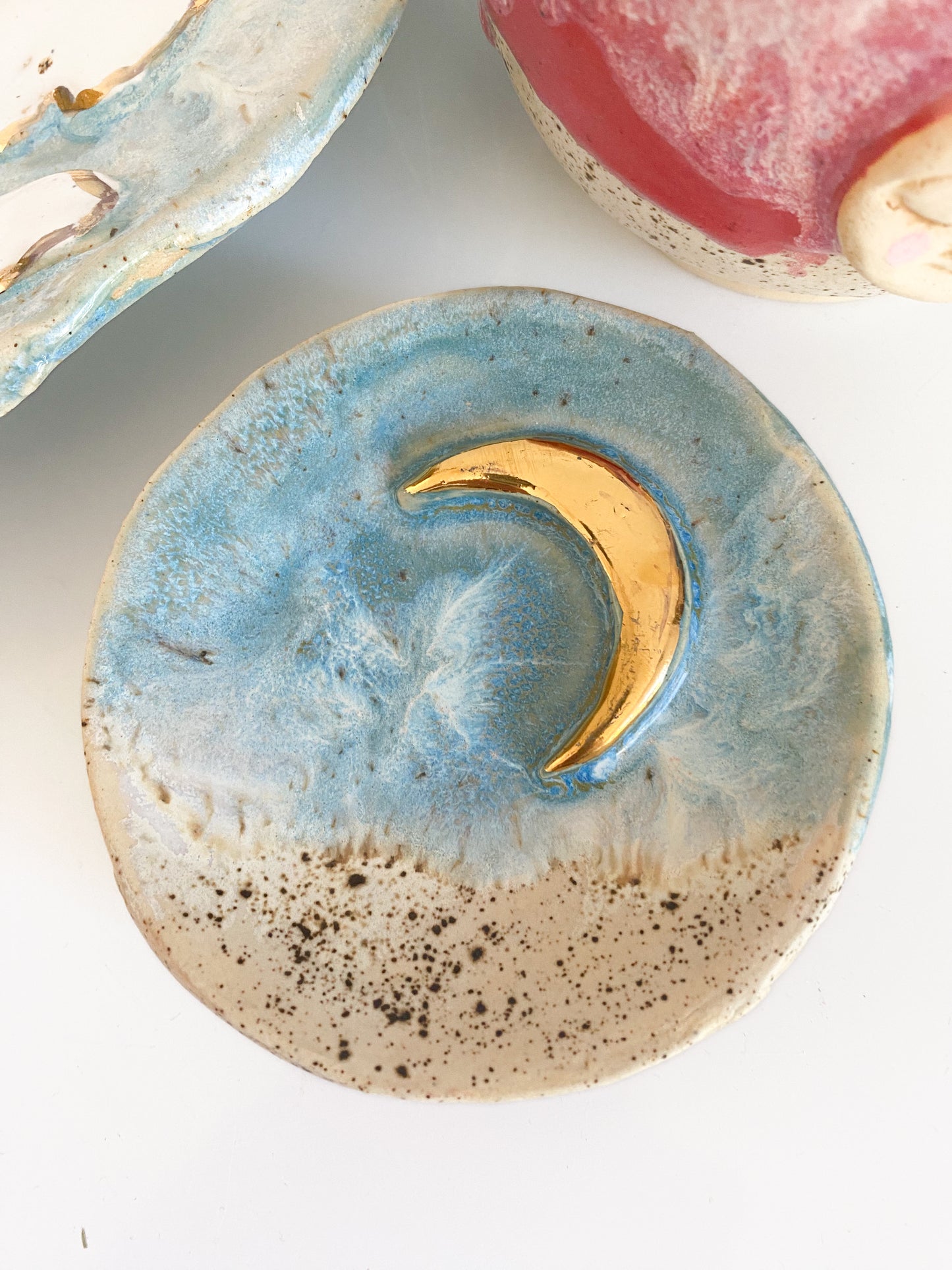 24k Gold Moon Trinket Dish | Crescent Moon Dish| Ceramic Jewelry Dish | Sky Blue Glaze Active