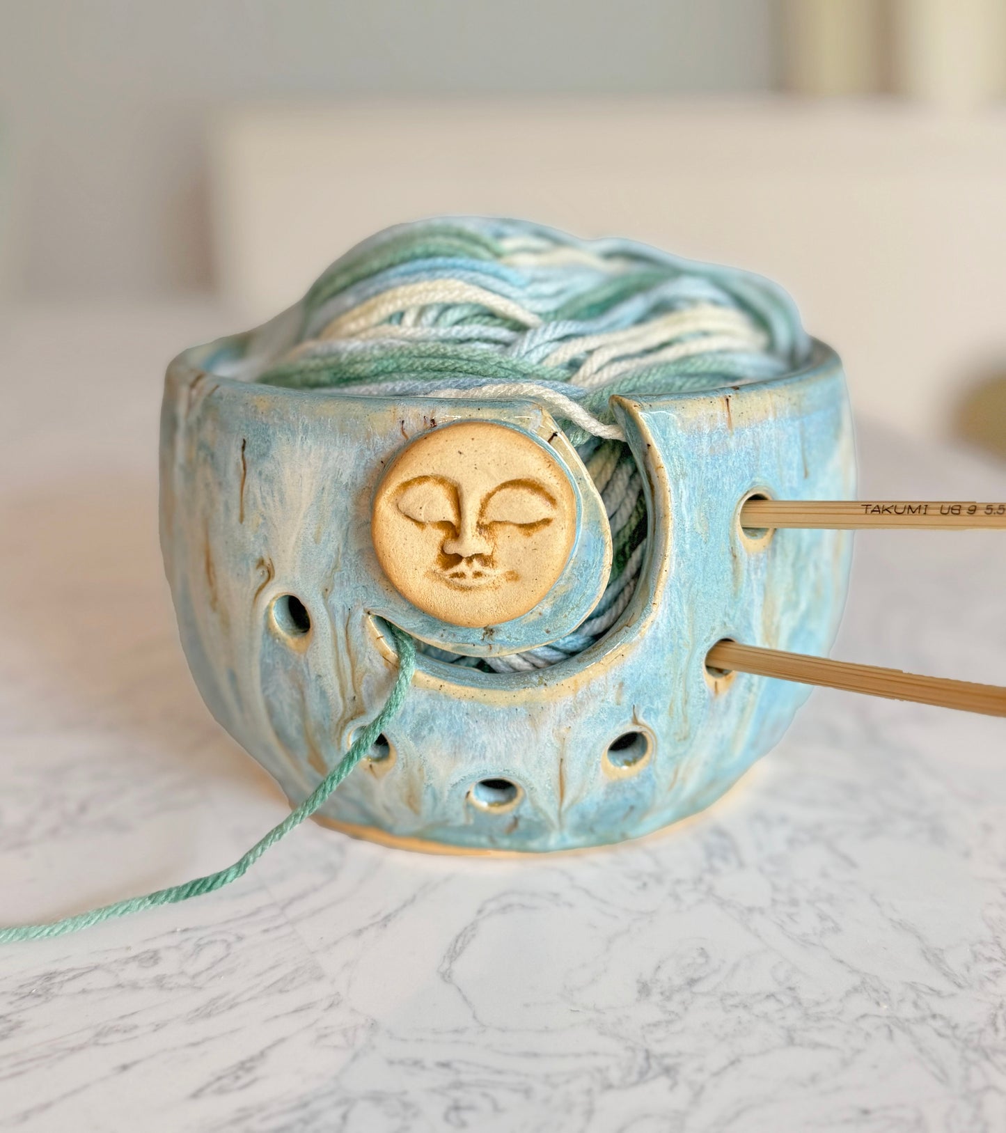 Full Moon Yarn Bowl – Handcrafted Stoneware for Knitting & Crochet sky blue In stock