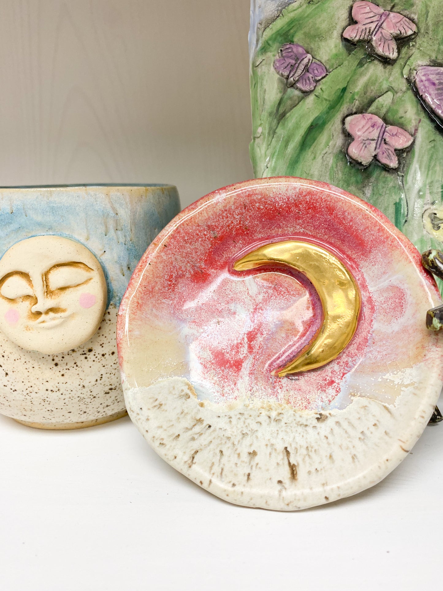 24k Gold Moon Trinket Dish | Crescent Moon Dish|  Ceramic Jewelry Dish | Raspberry Glaze Active