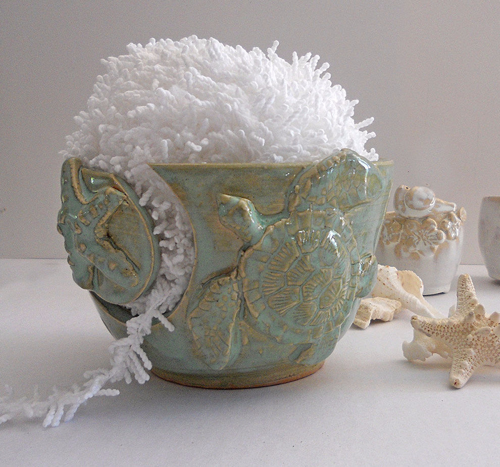 Sea Turtle Yarn Bowl - Knitting Bowl Beach Handmade Pottery Yarn Holder