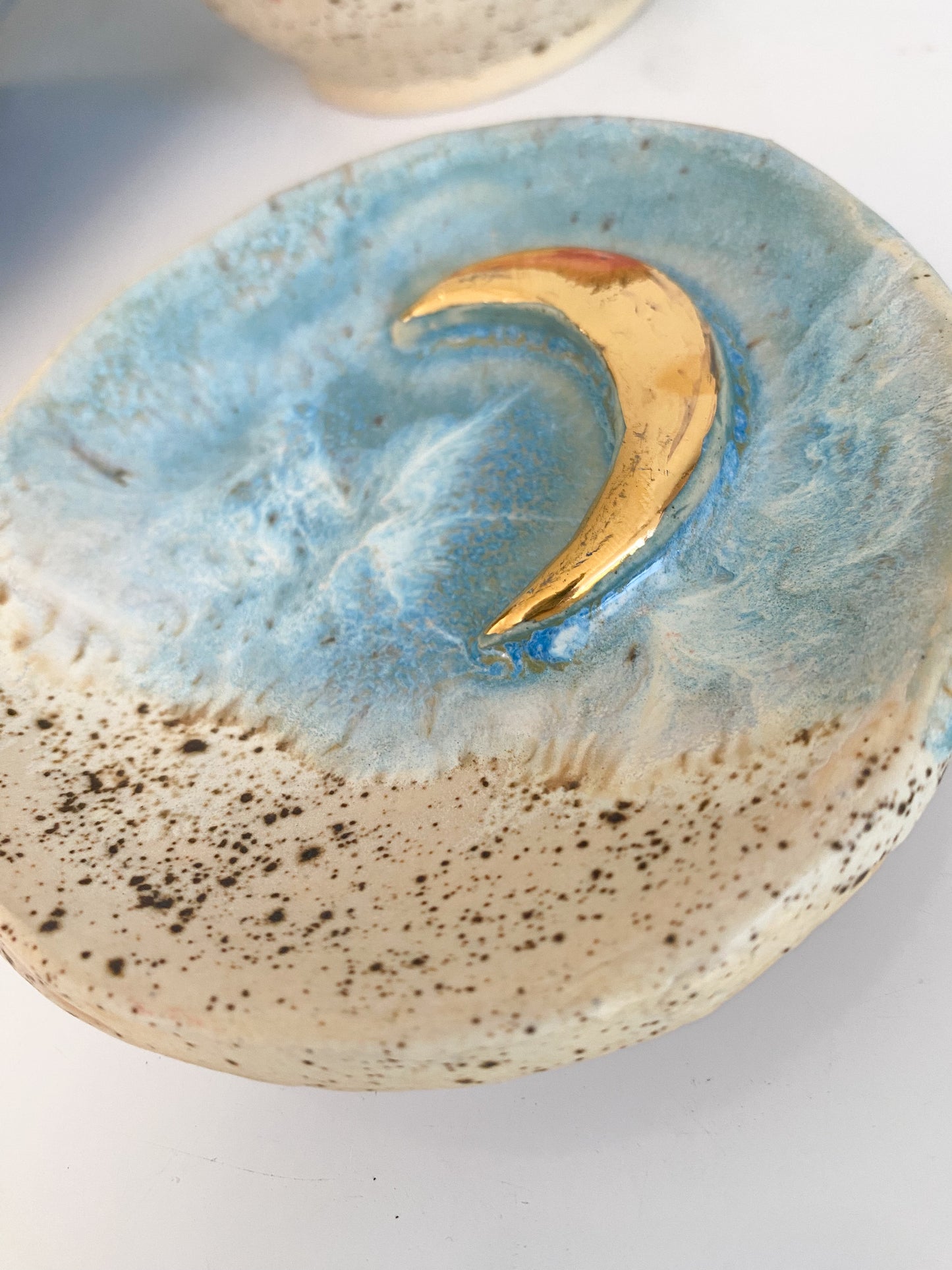 24k Gold Moon Trinket Dish | Crescent Moon Dish|  Ceramic Jewelry Dish | Sky Blue Glaze Active