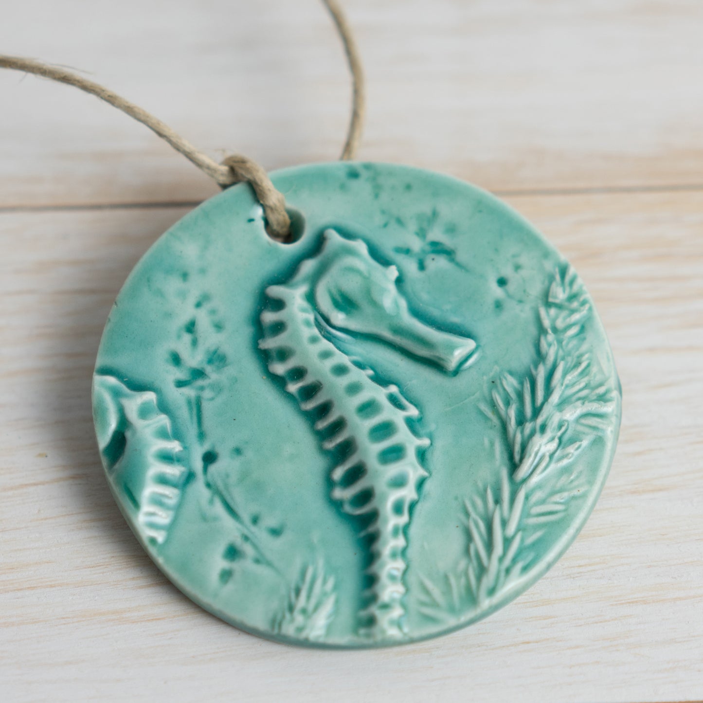 Sea Horse Ornament Aqua- Christmas Tree Ornament - Tropical Wedding Favor- Ceramic Handmade Pottery
